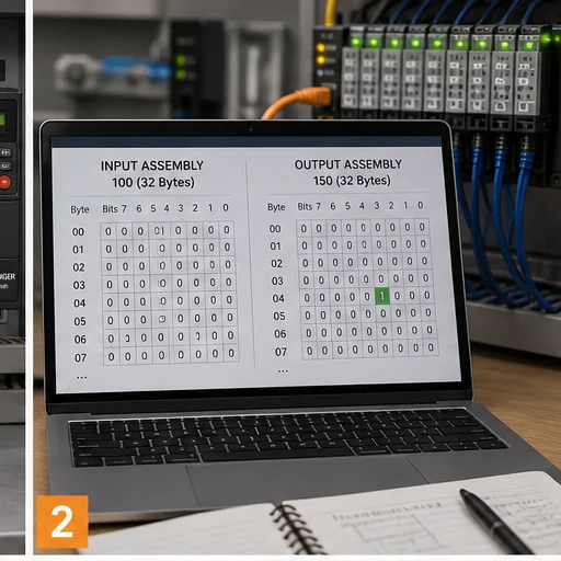 EtherNet/IP input assembly 100 and output assembly 150 byte map on a commissioning laptop