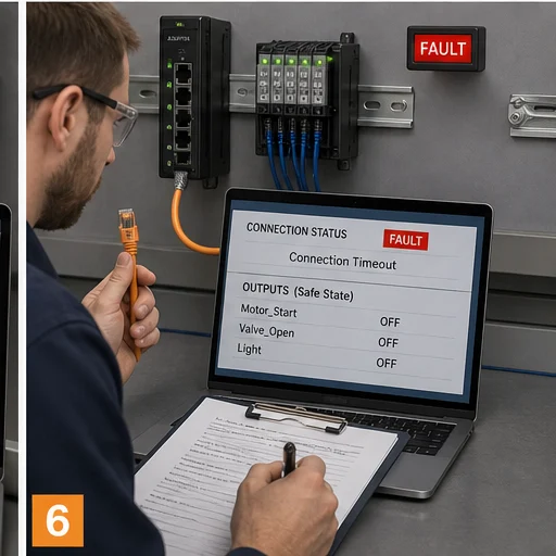 EtherNet/IP cable-disconnect test showing connection timeout and outputs entering their documented safe state