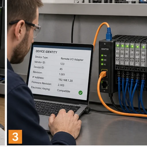 Controls technician verifying EtherNet/IP adapter vendor device revision and network identity