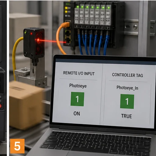 Photoelectric sensor transition proven through remote EtherNet/IP input and controller tag