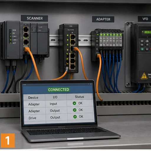 EtherNet/IP scanner, adapter, remote I/O and drive connected through an industrial Ethernet switch