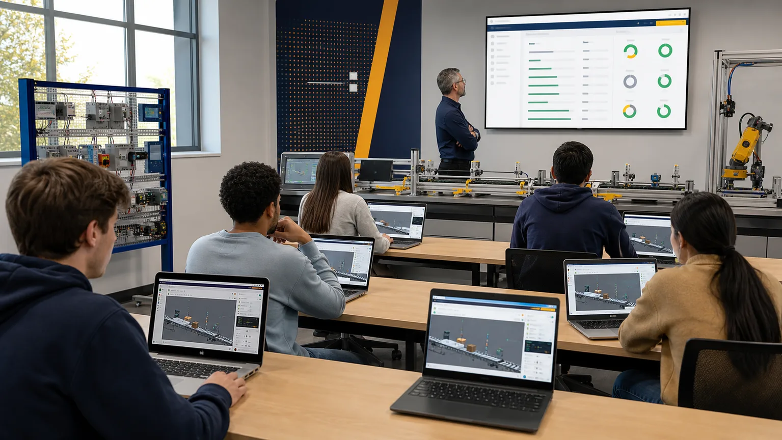Industrial automation class using the same browser PLC conveyor simulation across mixed laptop operating systems