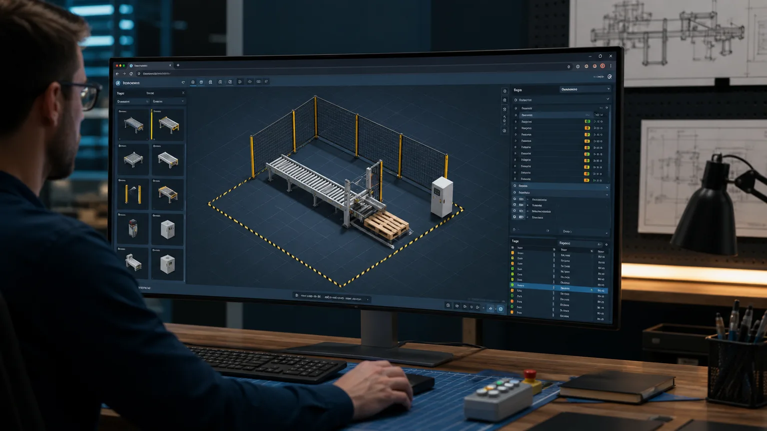 Custom browser 3D factory sandbox composing a conveyor, sensors, pusher, pallet and safety fence