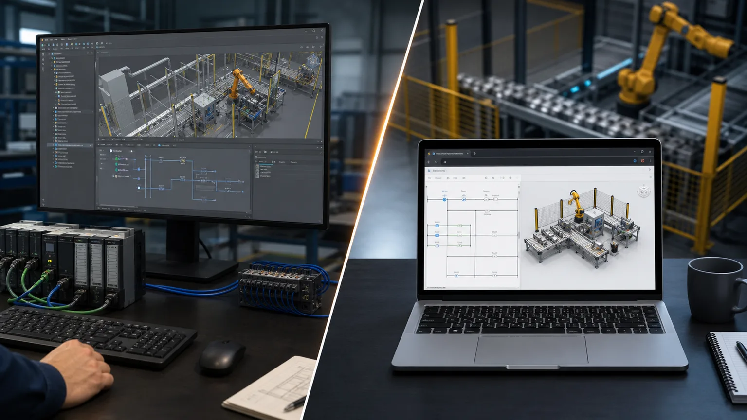 Side-by-side industrial automation workstations comparing desktop 3D PLC integration with a browser PLC simulator