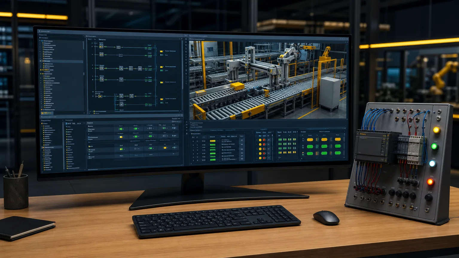 Browser PLC workspace showing ladder logic, live I/O and a 3D conveyor cell beside a training panel