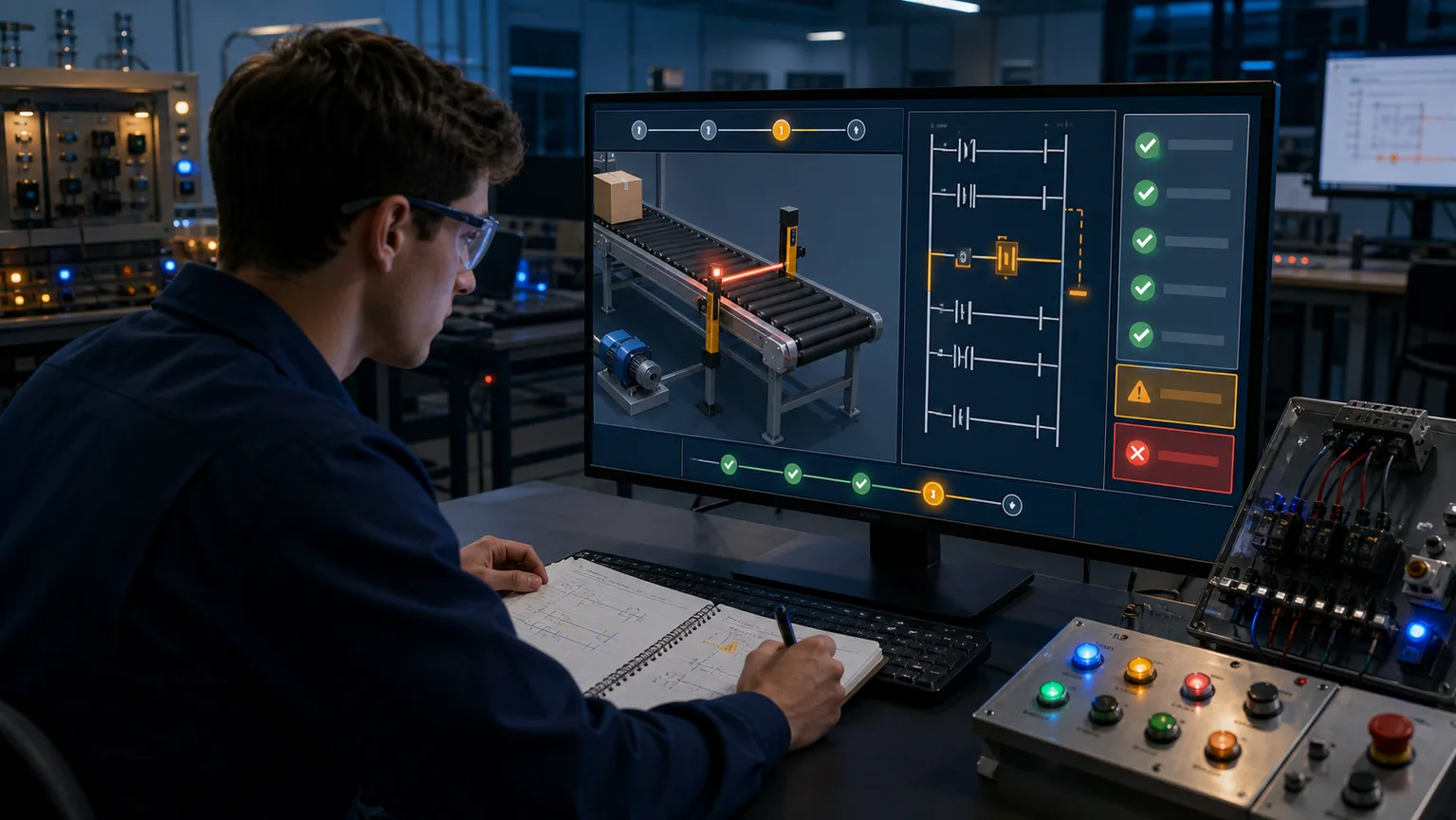 Controls learner diagnosing a conveyor sensor fault with ladder logic and objective pass fail checks