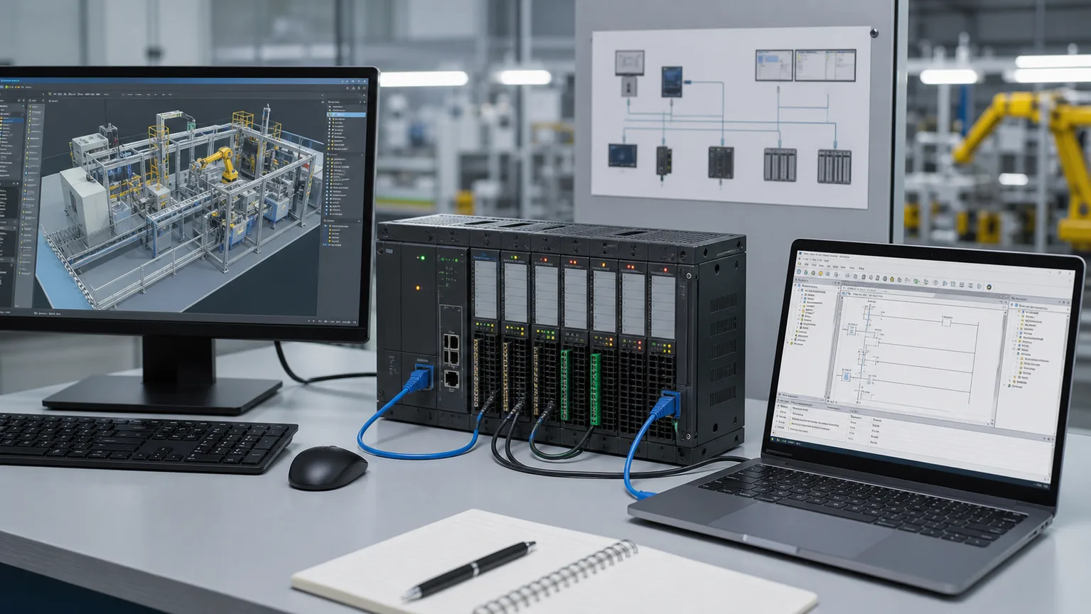 Physical PLC rack connected by Ethernet to a vendor engineering laptop and desktop 3D factory simulation