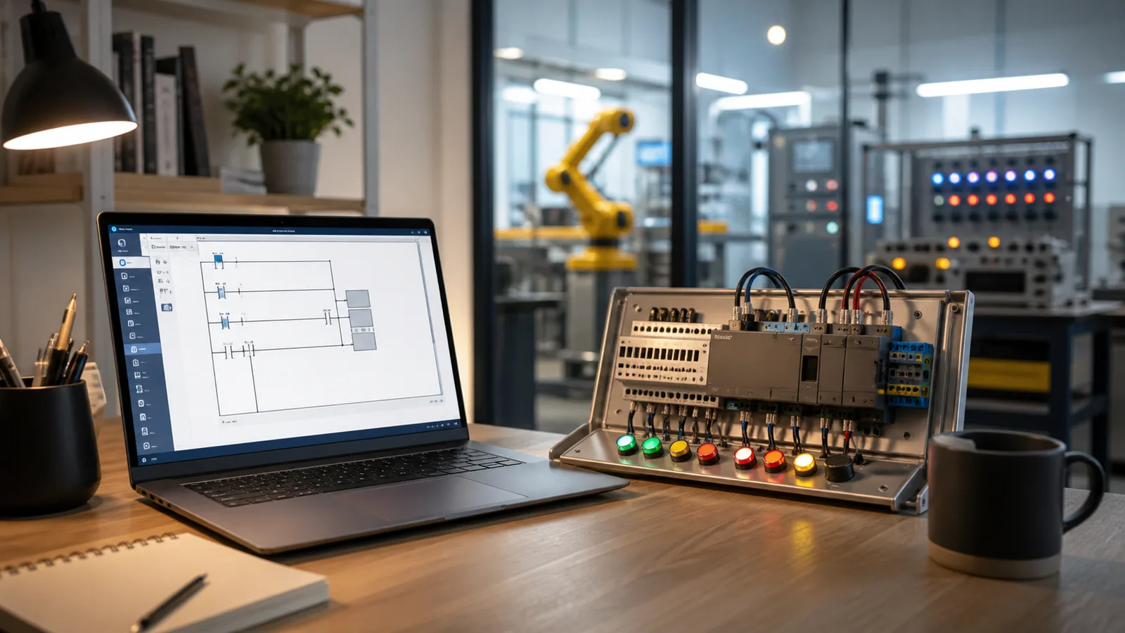 Laptop PLC ladder editor beside a compact wired input and output training bench