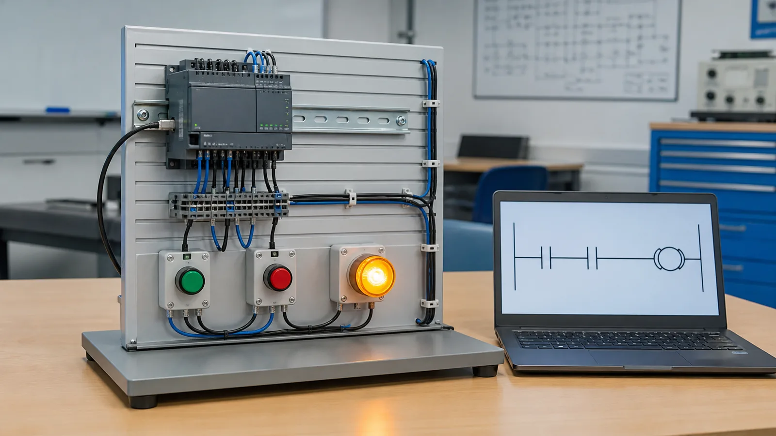 Beginner PLC bench with two pushbuttons, a ladder rung and an illuminated output lamp