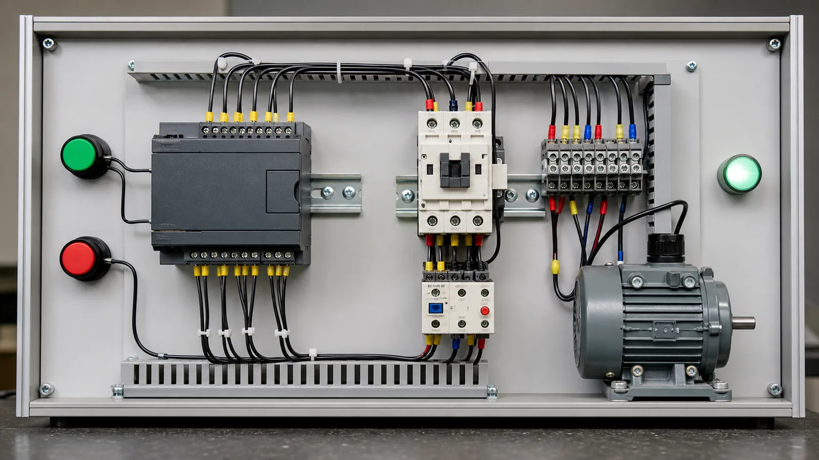 PLC motor start-stop trainer with pushbuttons, contactor, overload relay and motor