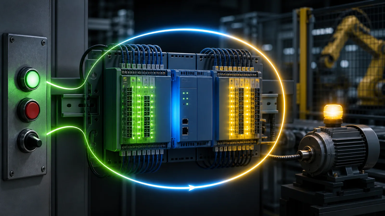 PLC training rack showing the repeating input, logic and output scan cycle as a luminous path