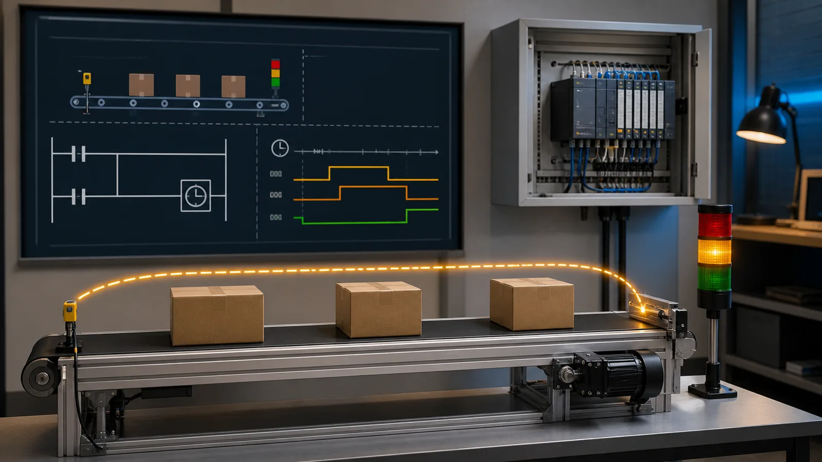 Conveyor PLC timer lesson with part sensor, boxes and a stack light