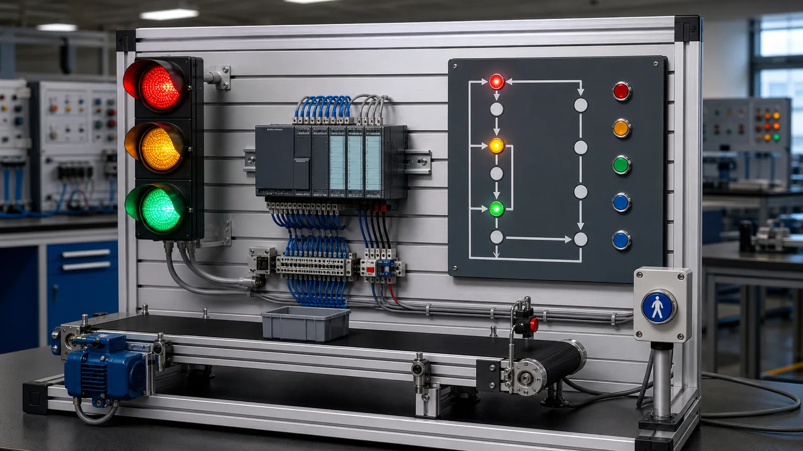 Traffic-light PLC training rig with red amber and green lamps and a compact controller