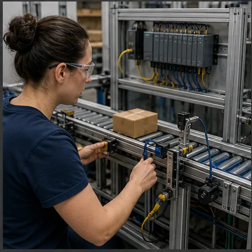 Learner commissioning a conveyor photoelectric sensor connected to PLC input hardware