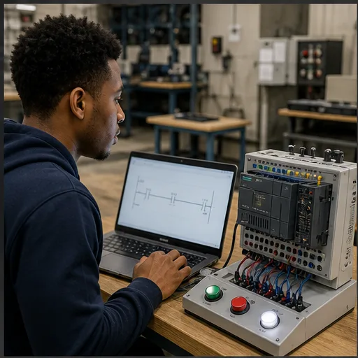 Beginner building a simple ladder-logic rung on a laptop beside a compact PLC training panel