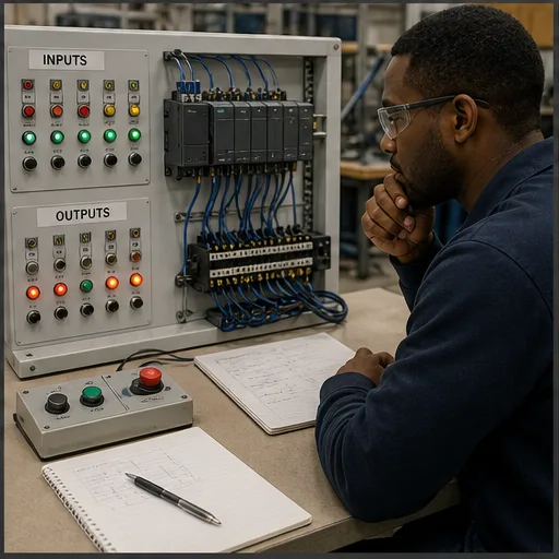 Learner diagnosing a PLC training machine with visible input and output states and a wiring diagram