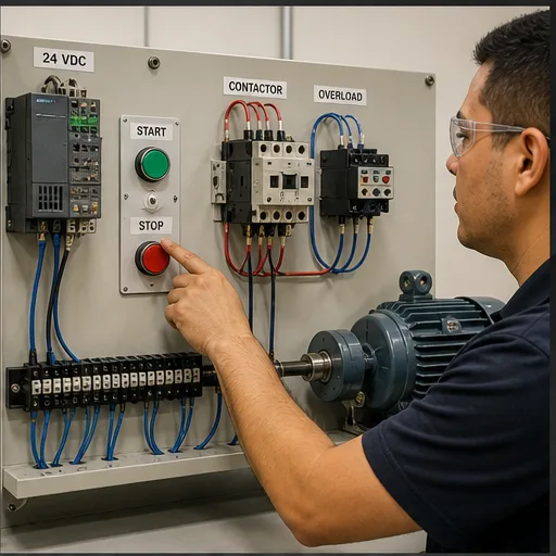 Motor starter training board with PLC, start and stop pushbuttons, contactor, overload relay and motor