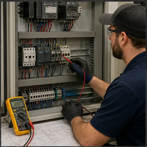 Industrial trainee tracing a low-voltage control circuit with a multimeter, schematic and PLC panel