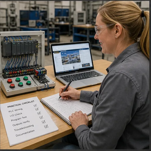 Automation learner recording completed PLC wiring, I/O, programming and troubleshooting exercises