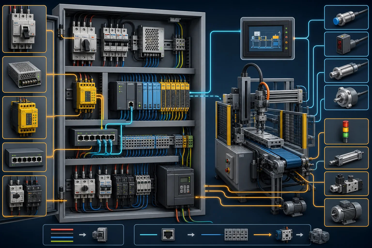 Industrial automation control-system cutaway showing PLC, safety, VFD, HMI, sensors and pneumatic actuator