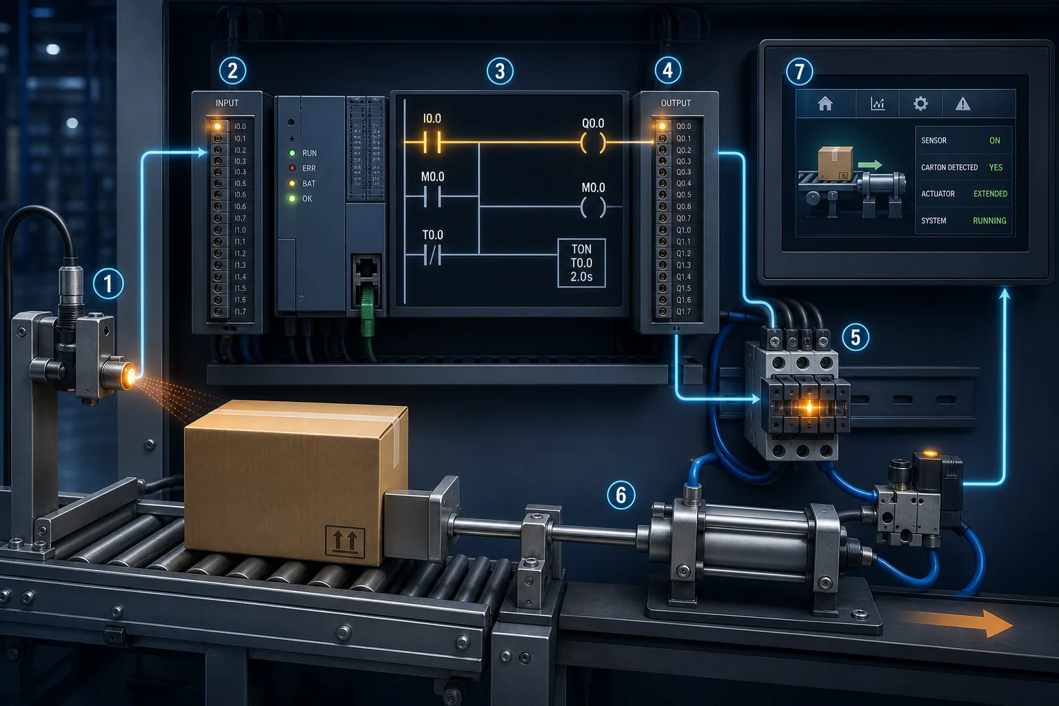 Industrial automation signal chain from carton sensor through PLC logic to contactor, cylinder and HMI