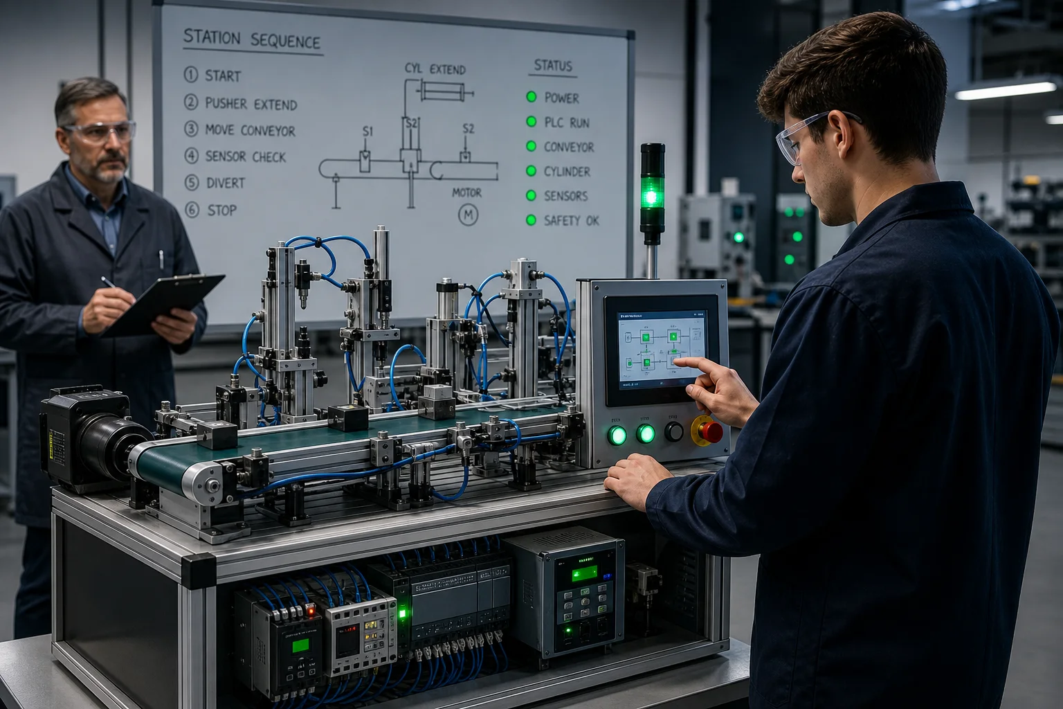 Learner completing an industrial automation skills assessment on a conveyor and pneumatic training system