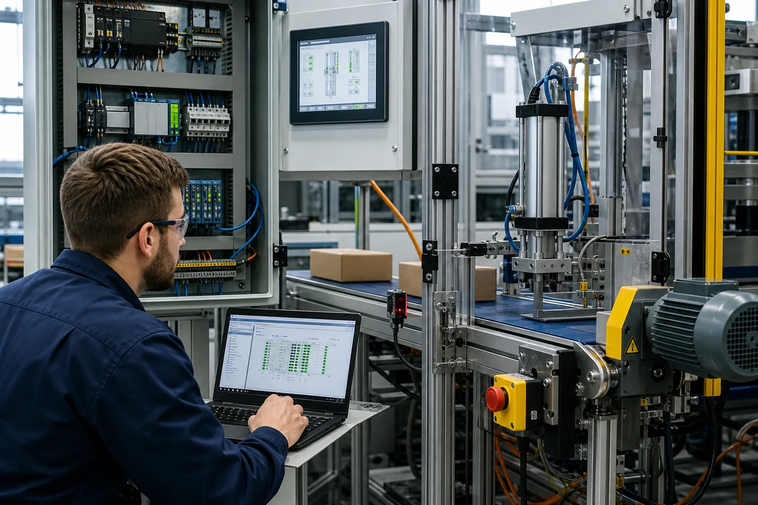 Automation technician commissioning a conveyor and pneumatic packaging training cell with PLC and HMI