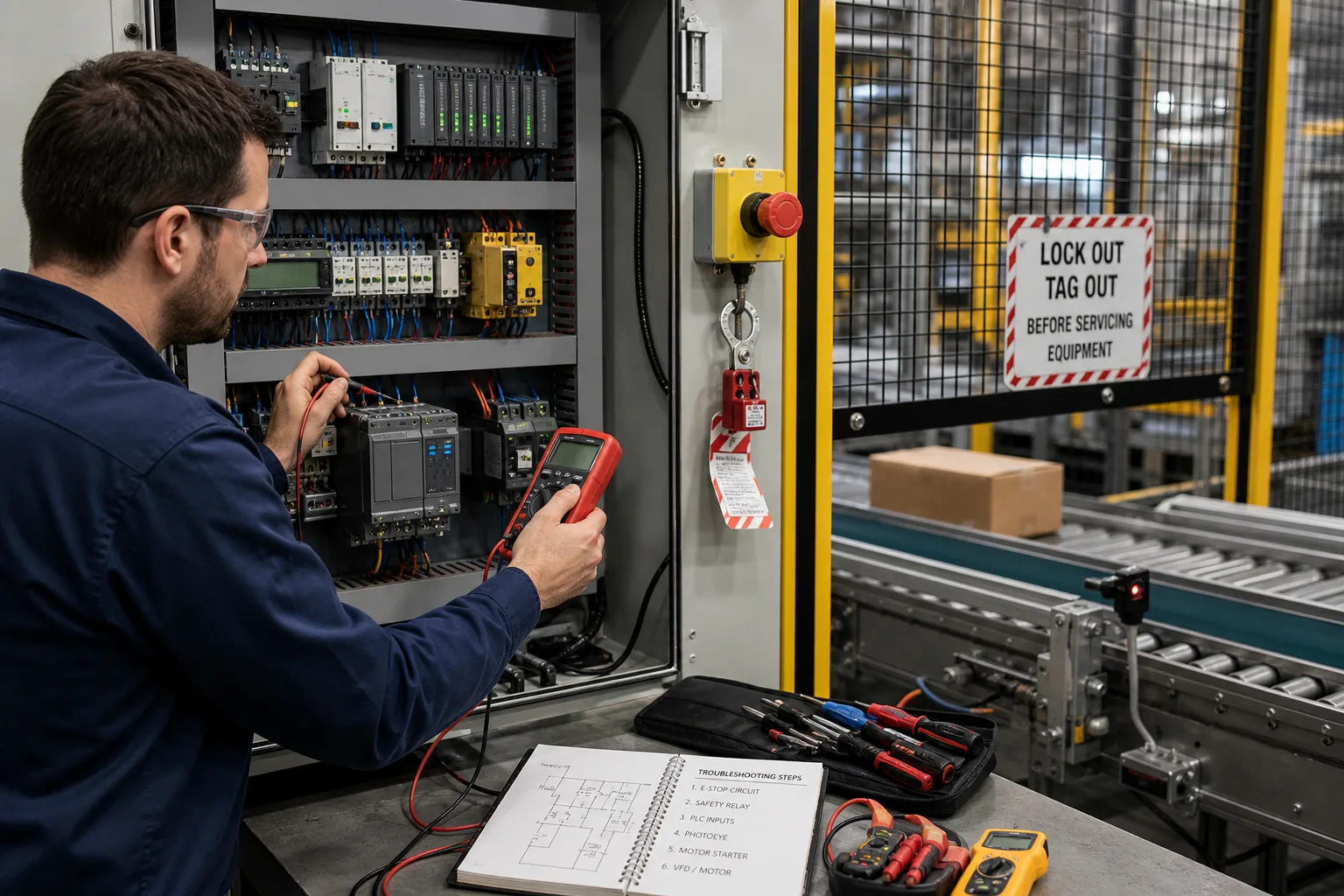 Technician safely fault-finding a conveyor control panel with a multimeter and lockout in place