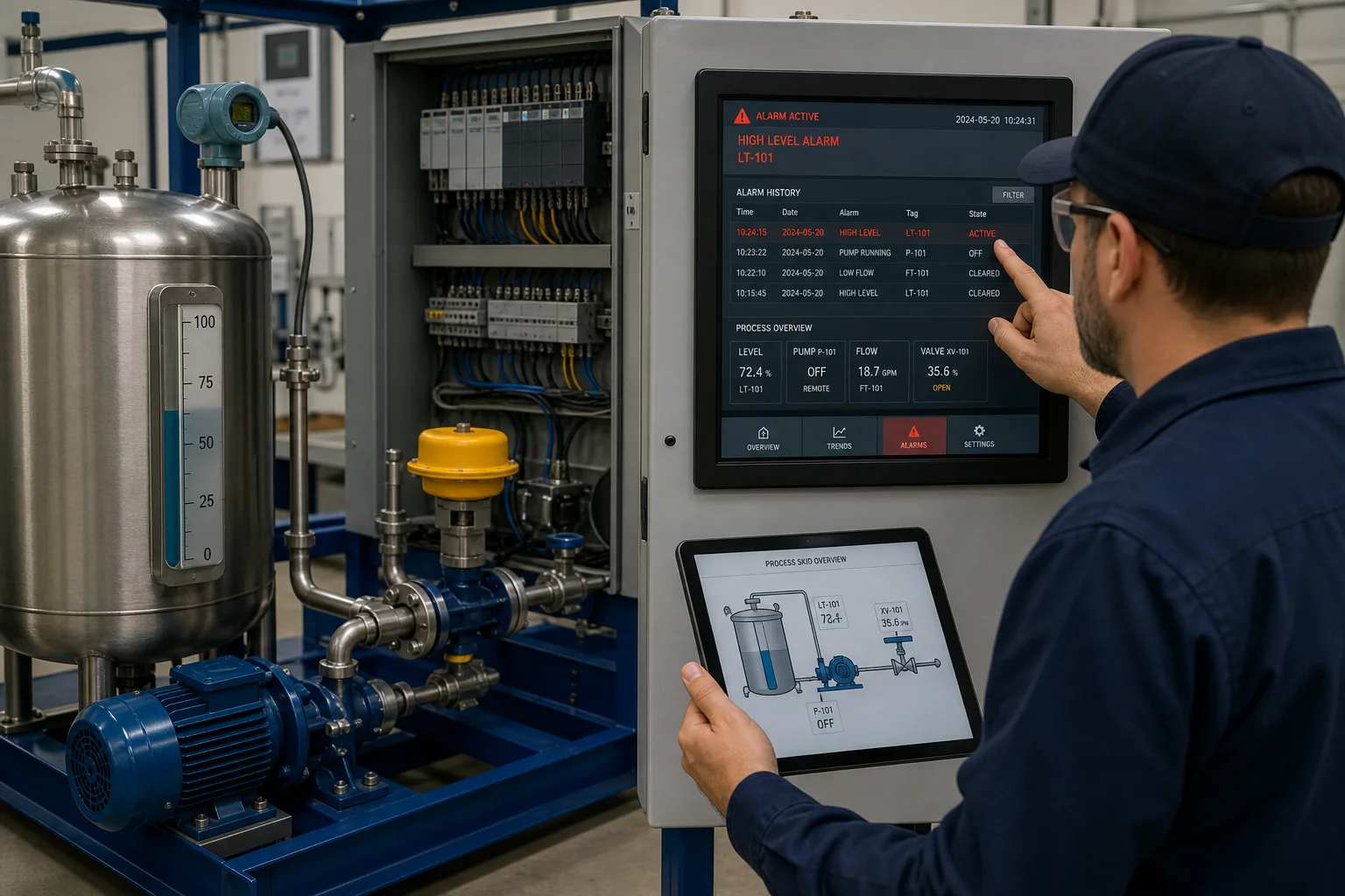 Automation technician comparing an HMI high-level alarm with a tank, pump and level instrument