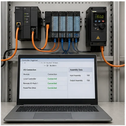 EtherNet/IP scanner connected to a remote I/O adapter with cyclic process data visible