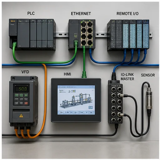Industrial PLC, remote I/O, variable-frequency drive, smart sensor and operator station connected in one factory network