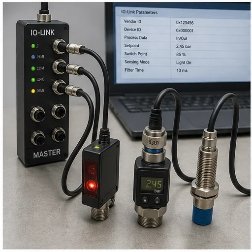 IO-Link master connected point-to-point to smart industrial sensors with parameters and diagnostics