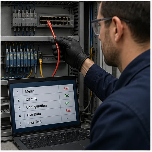 Controls engineer diagnosing industrial communication from physical link through identity configuration and live data