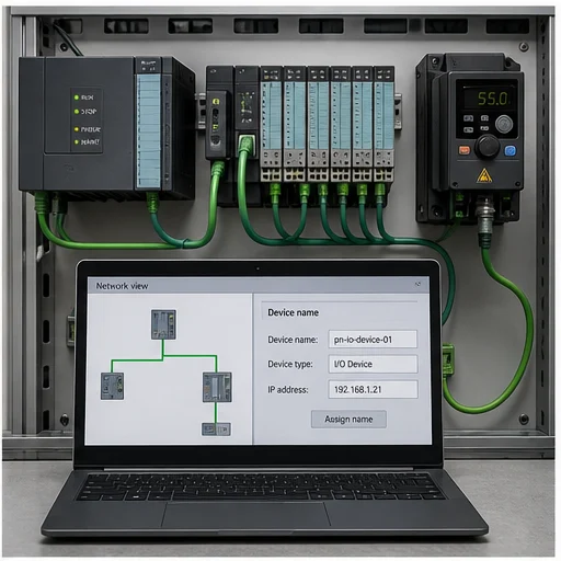 PROFINET controller commissioning an IO device with a verified station name and module layout