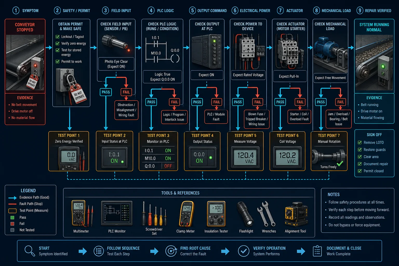 Industrial maintenance diagnostic workflow from conveyor symptom through safety, input, PLC logic, output, power, actuator and mechanical load