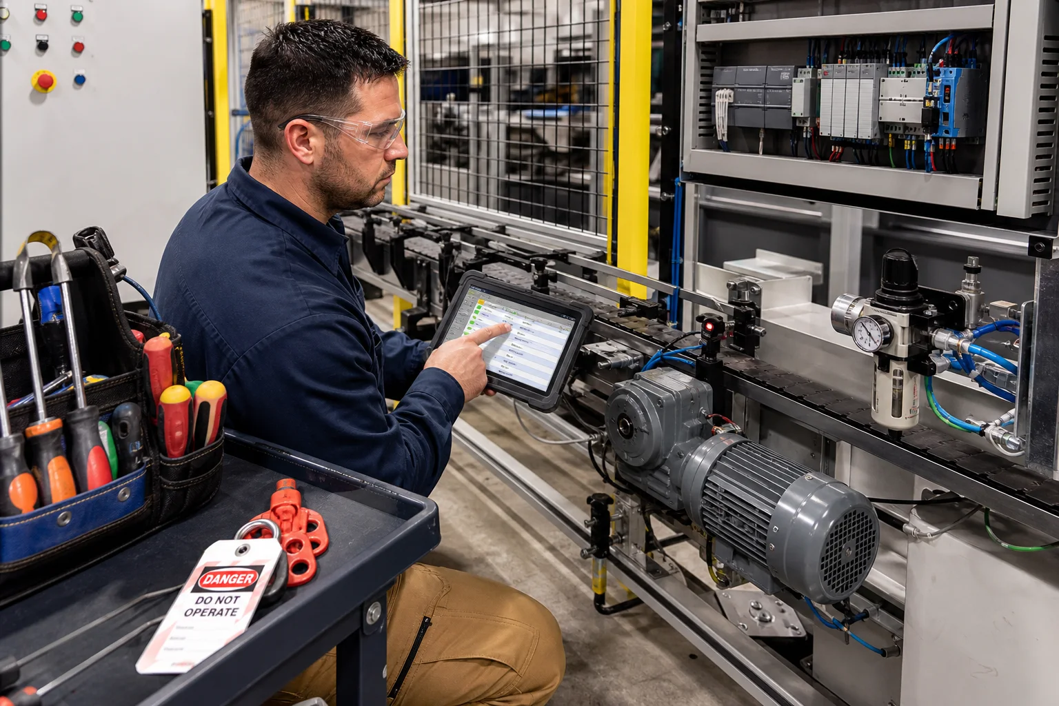 Industrial maintenance technician diagnosing a stopped conveyor using PLC I/O and machine evidence