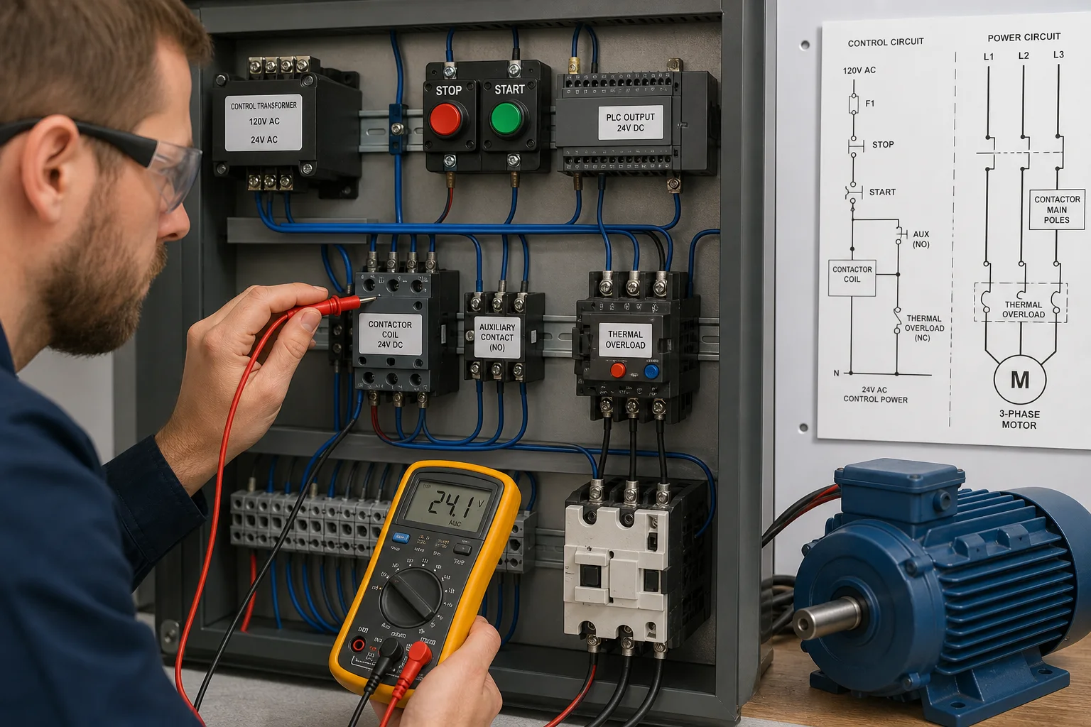 Technician measuring a motor contactor coil in a PLC-controlled start-stop and overload circuit