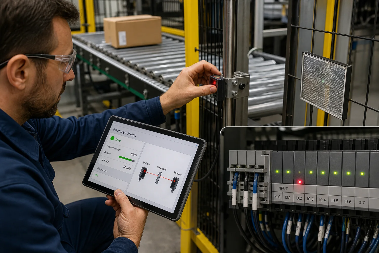 Technician aligning a conveyor photoelectric sensor while checking the corresponding PLC input