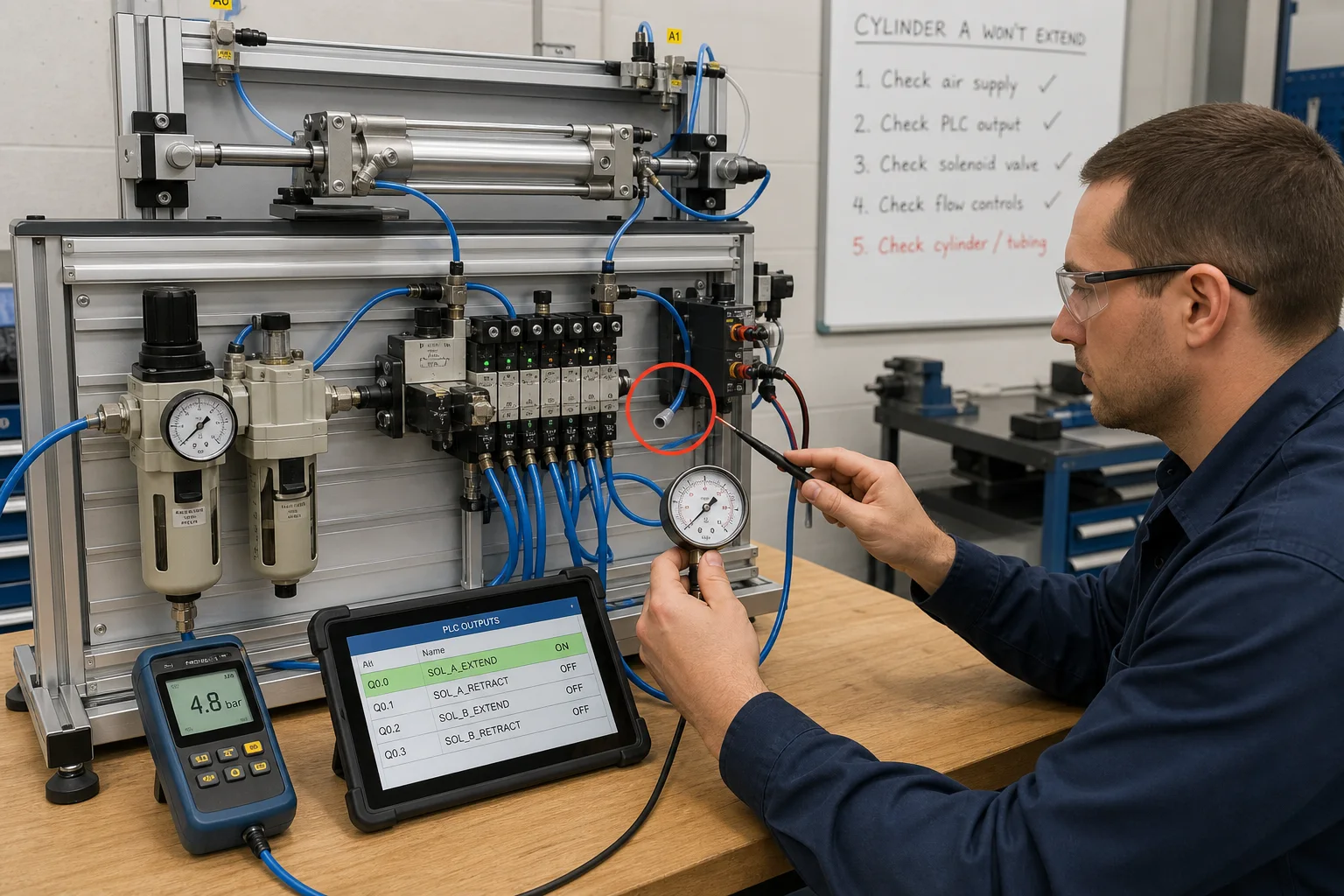 Technician diagnosing a pneumatic cylinder that will not extend using pressure, solenoid output and tubing evidence