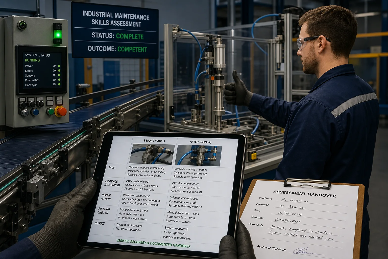 Industrial maintenance skills assessment showing a restored conveyor and documented before-and-after evidence