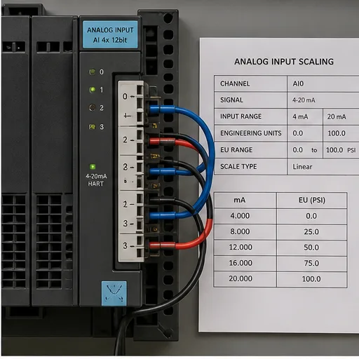 PLC analog input module wired for 4–20 mA with an engineering-unit scaling worksheet