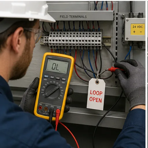 Safe terminal-block multimeter test diagnosing an open 4–20 mA instrument loop