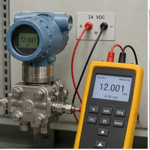 Pressure transmitter connected to a 24 VDC 4–20 mA loop and calibrated loop meter