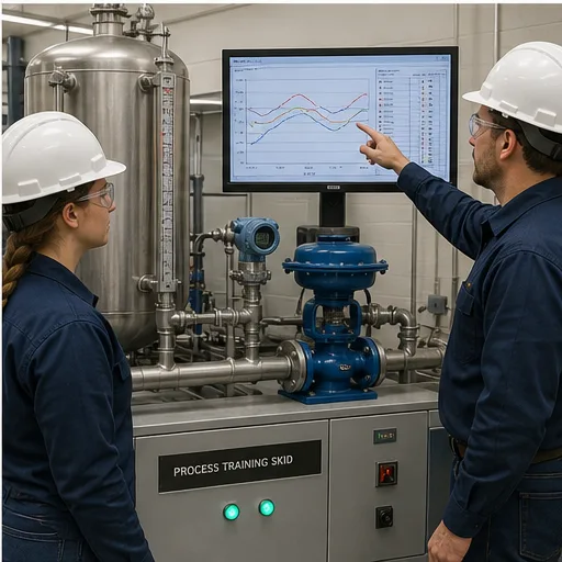 Process skid with tank, control valve, pressure transmitter and live trend display