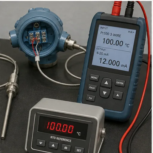 RTD temperature sensor and head transmitter being checked with a process calibrator