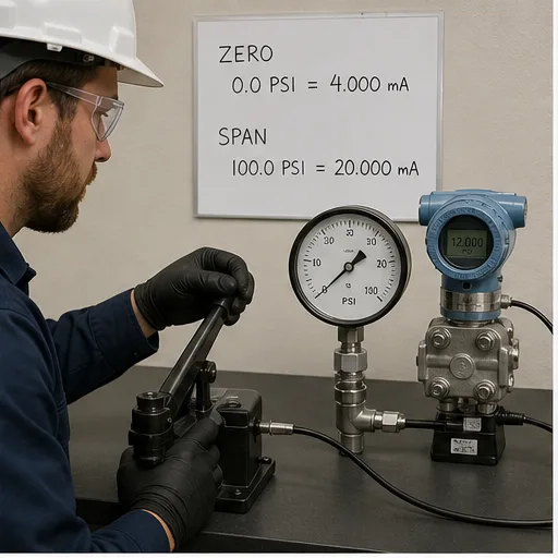 Instrumentation technician calibrating transmitter zero and span with a hand pump and reference gauge