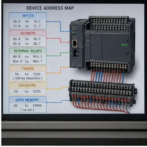 Compact PLC device map for inputs outputs internal relays timers counters and data memory