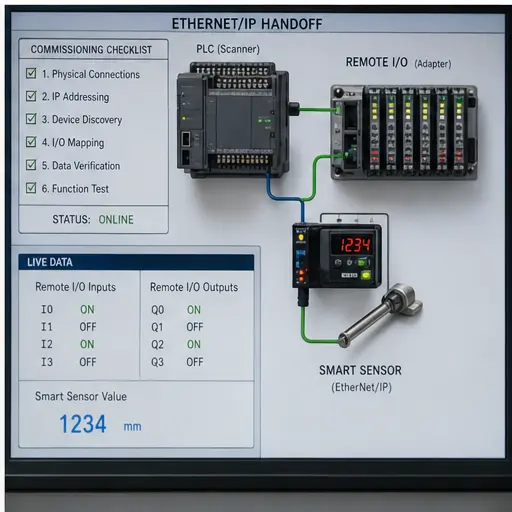 Compact PLC connected to remote I/O and a smart sensor for an EtherNet/IP commissioning exercise
