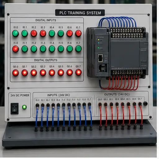 Independent compact PLC training bench with discrete input switches output lamps and terminal wiring