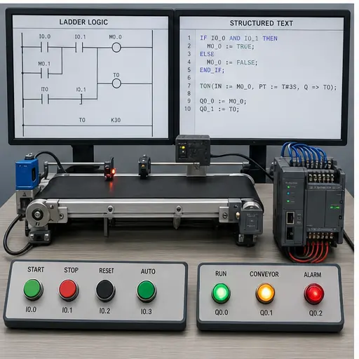 Ladder logic and Structured Text programs controlling the same compact conveyor training cell